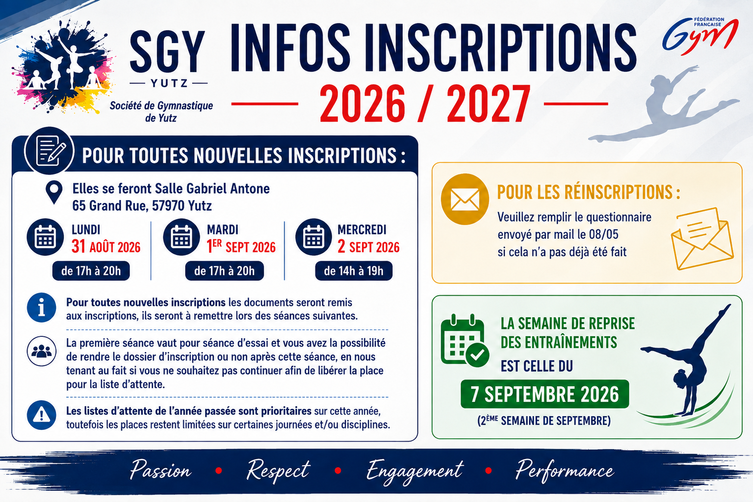 Informations inscriptions Société de Gymnastique de Yutz 2027-2028